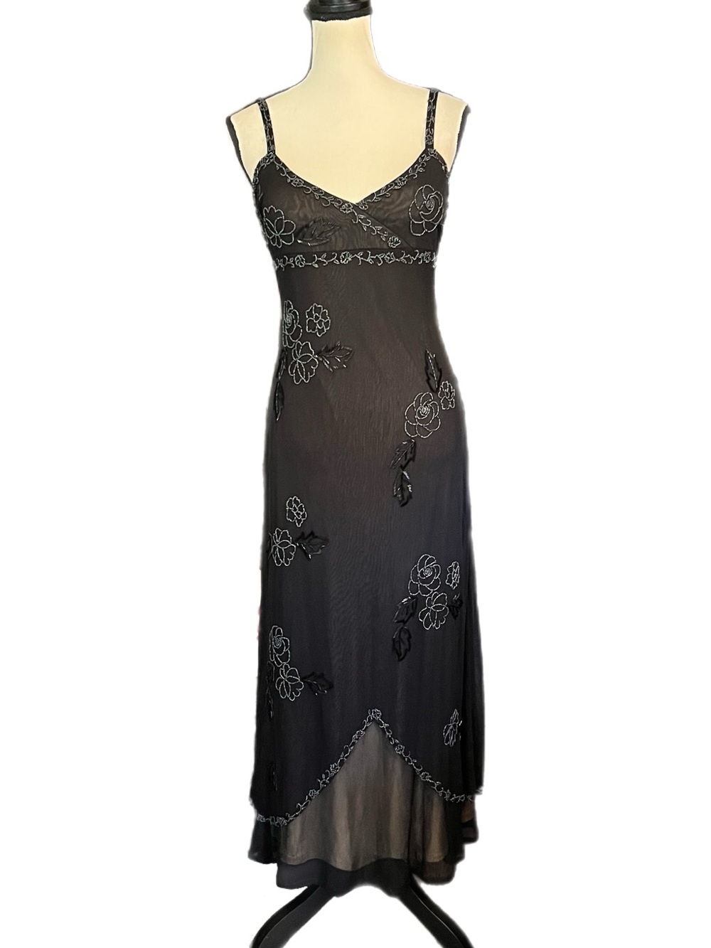 Vintage Cache Sheer Mesh Beaded Floral Formal Slip Dress - Picture 2 of 14